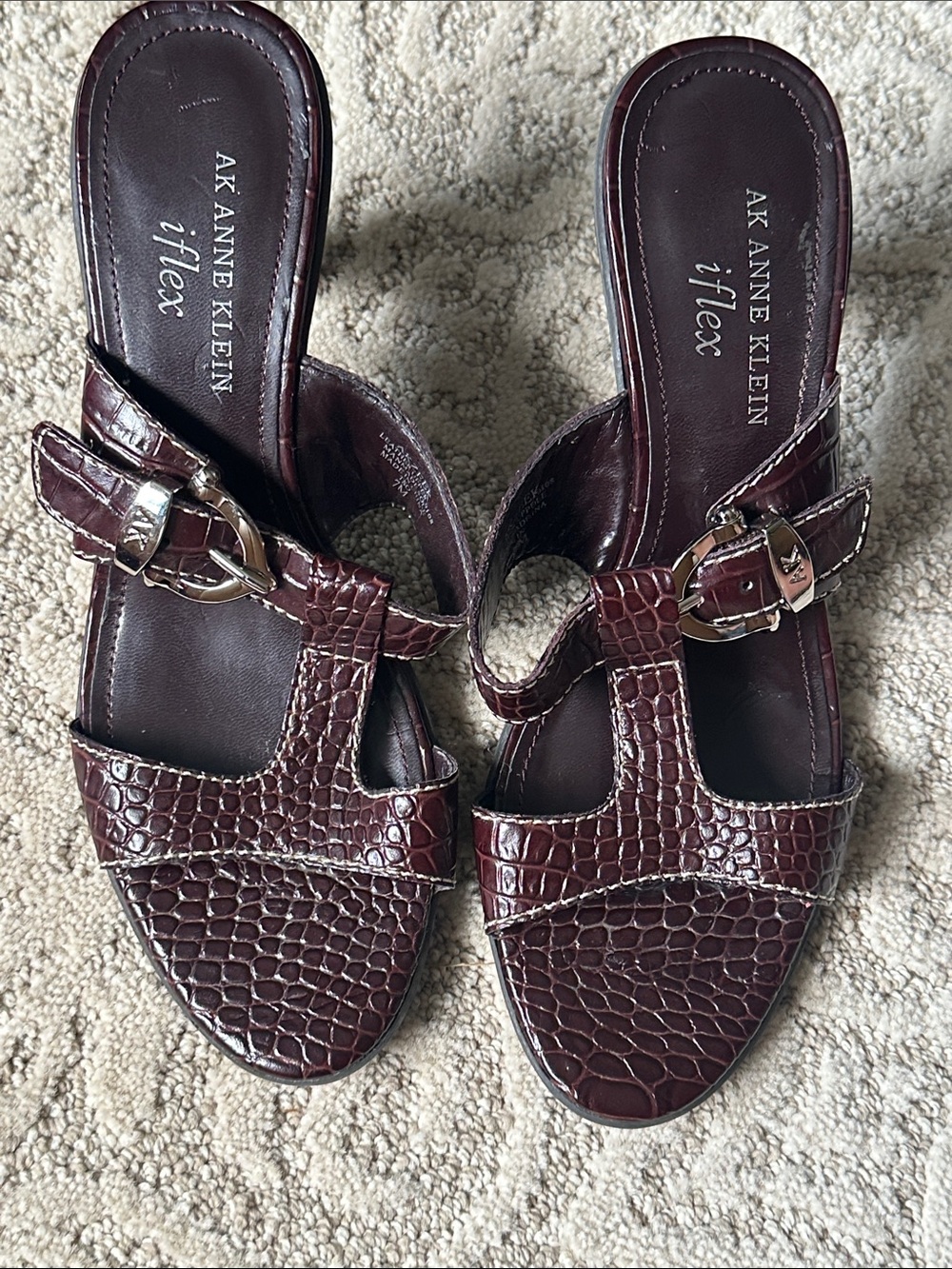 Anne Klein Burgundy Croc-Embossed Slide Mules with Buckle